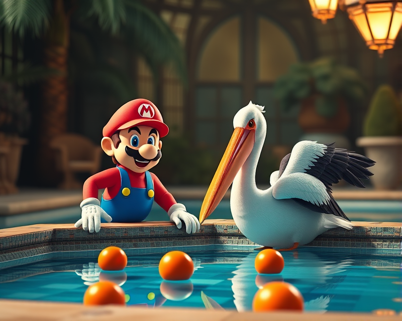 super mario, pool, pelican